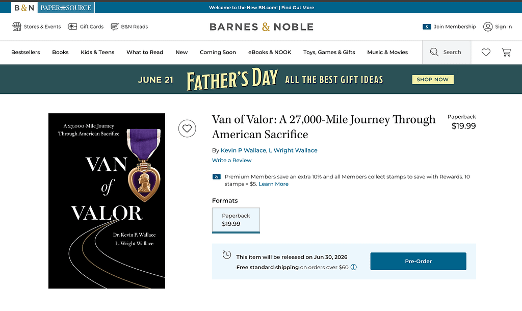The book cover of 'Van of Valor: A 27,000-Mile Journey Through American Sacrifice' by Kevin P. Wallace and L. Wright Wallace, featuring a purple heart medal against a black background.