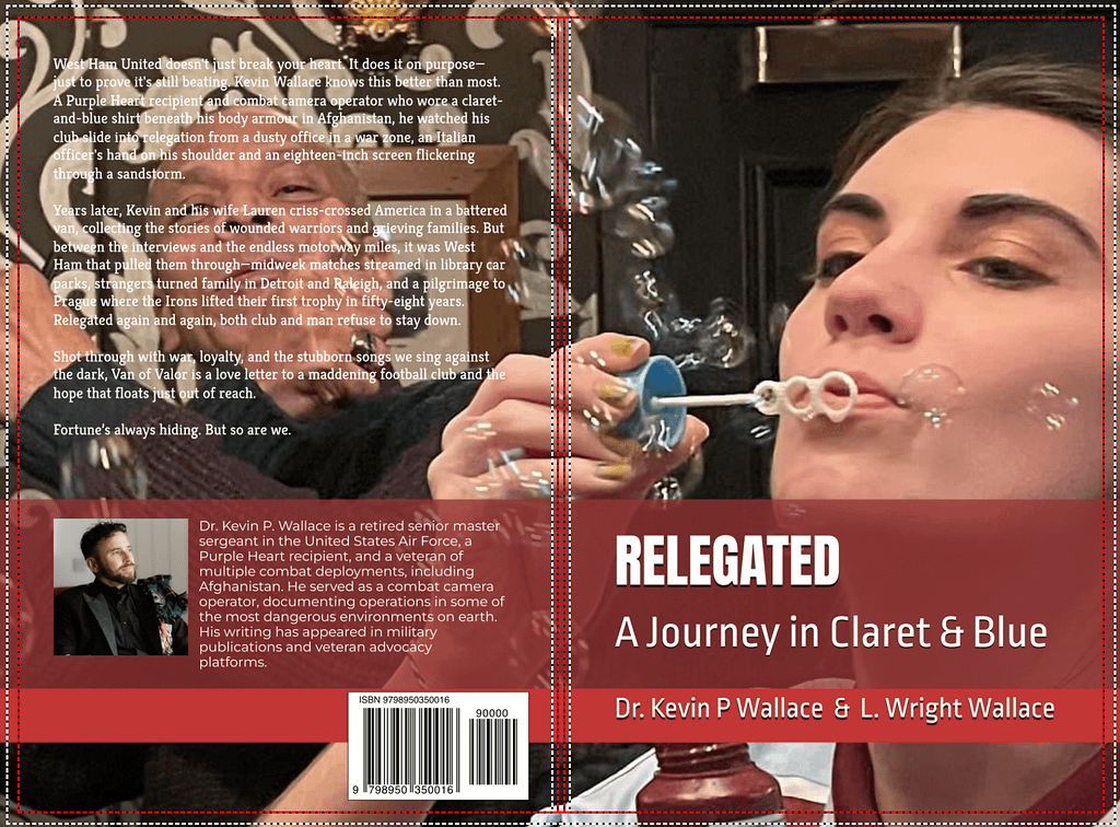 Cover of the book 'Relegated: A Journey in Claret & Blue' by Dr. Kevin P. Wallace and L. Wright Wallace, featuring a woman blowing bubbles playfully.