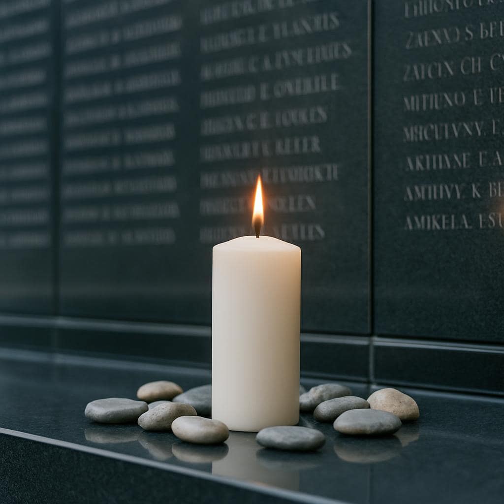 A white pillar candle with a small flame burning among several grey stones in front of a dark gray wall displaying letteri...