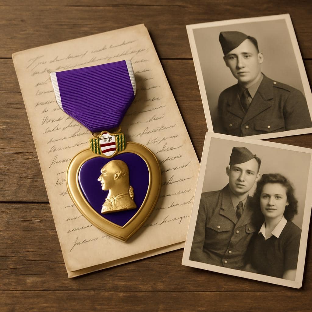 A photograph of a Purple Heart medal on an old letter, accompanied by vintage photos of a man and woman, all laid out on a...