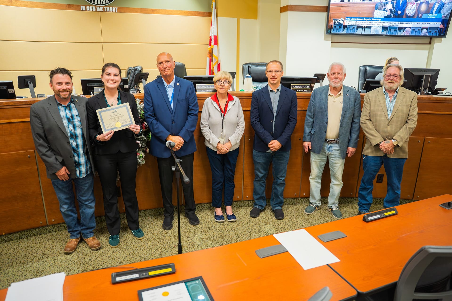City of North Port, Fla., City Council members honor Lauren and Dr. Kevin Wallace with Certificates of Recognition and officially make the Van of Valor a permanent city landmark.