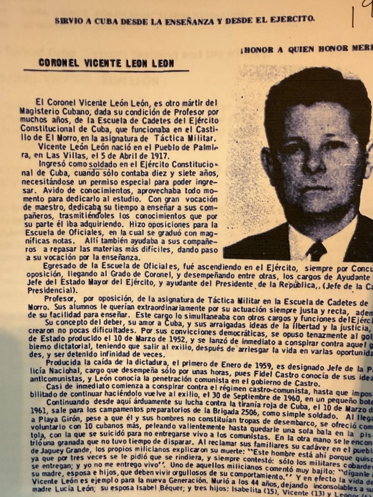 A historical document featuring an article about Colonel Vicente León León, detailing his contributions as a teacher and military officer in Cuba, including his background, career, and involvement in political events.