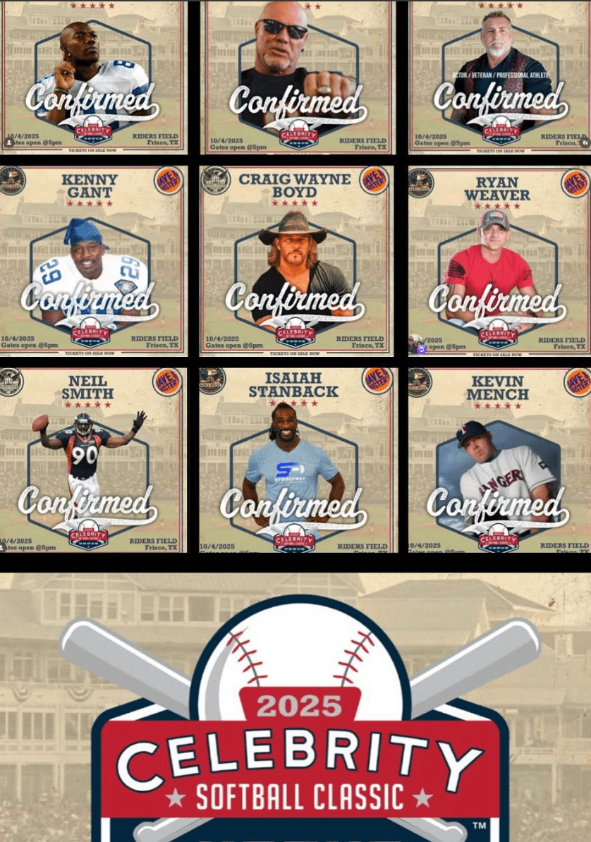 Grid of celebrity confirmations for the 2025 Celebrity Softball Classic, featuring athletes like Kenny Gant, Craig Wayne Boyd, Ryan Weaver, Neil Smith, Isaiah Stanback, and Kevin Mench. The event is scheduled for October 4, 2025, at Riders Field in Frisco, TX.